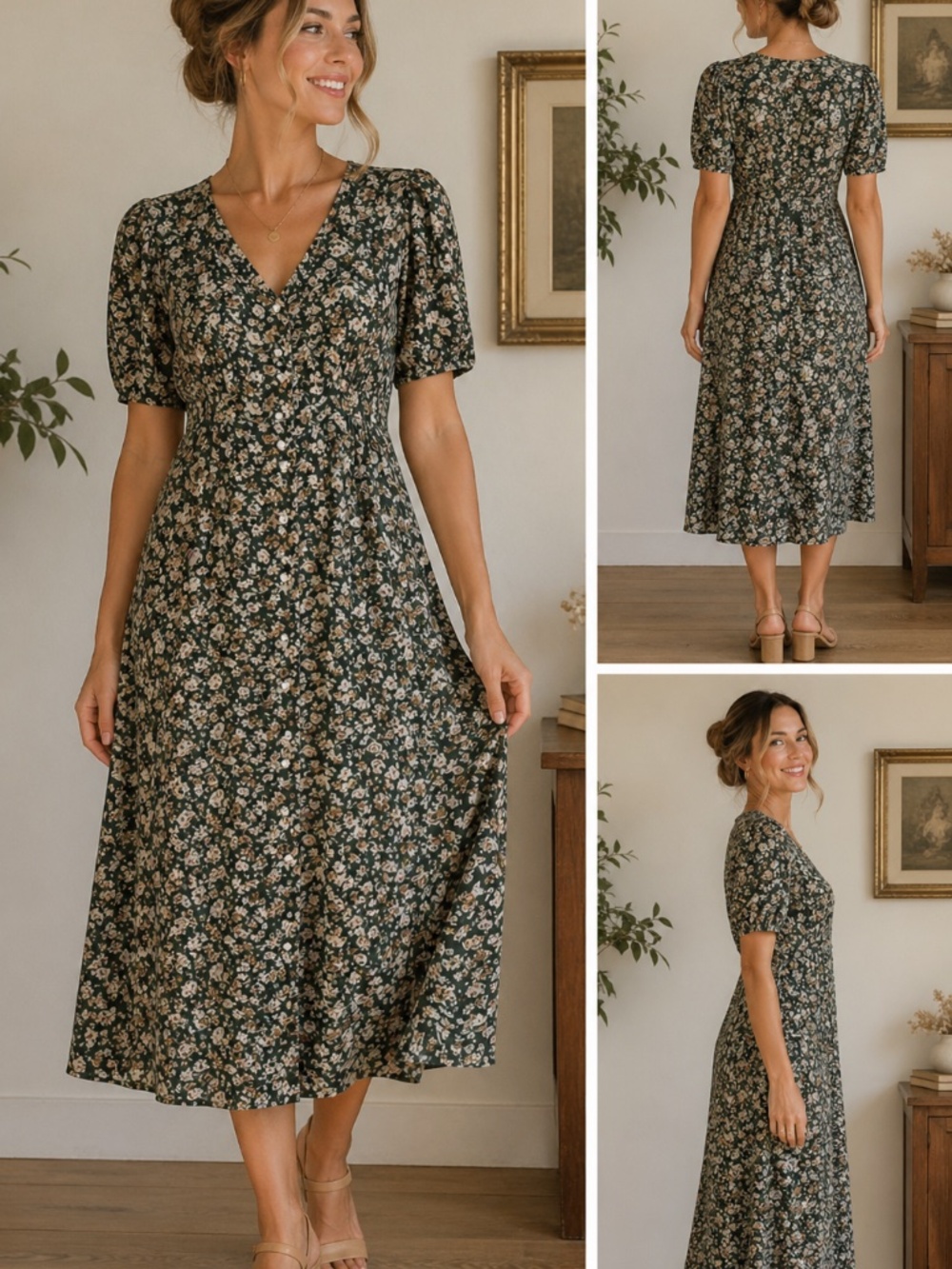 🌿 Vintage Green Floral Midi Dress – Button Front | Boho Cottagecore